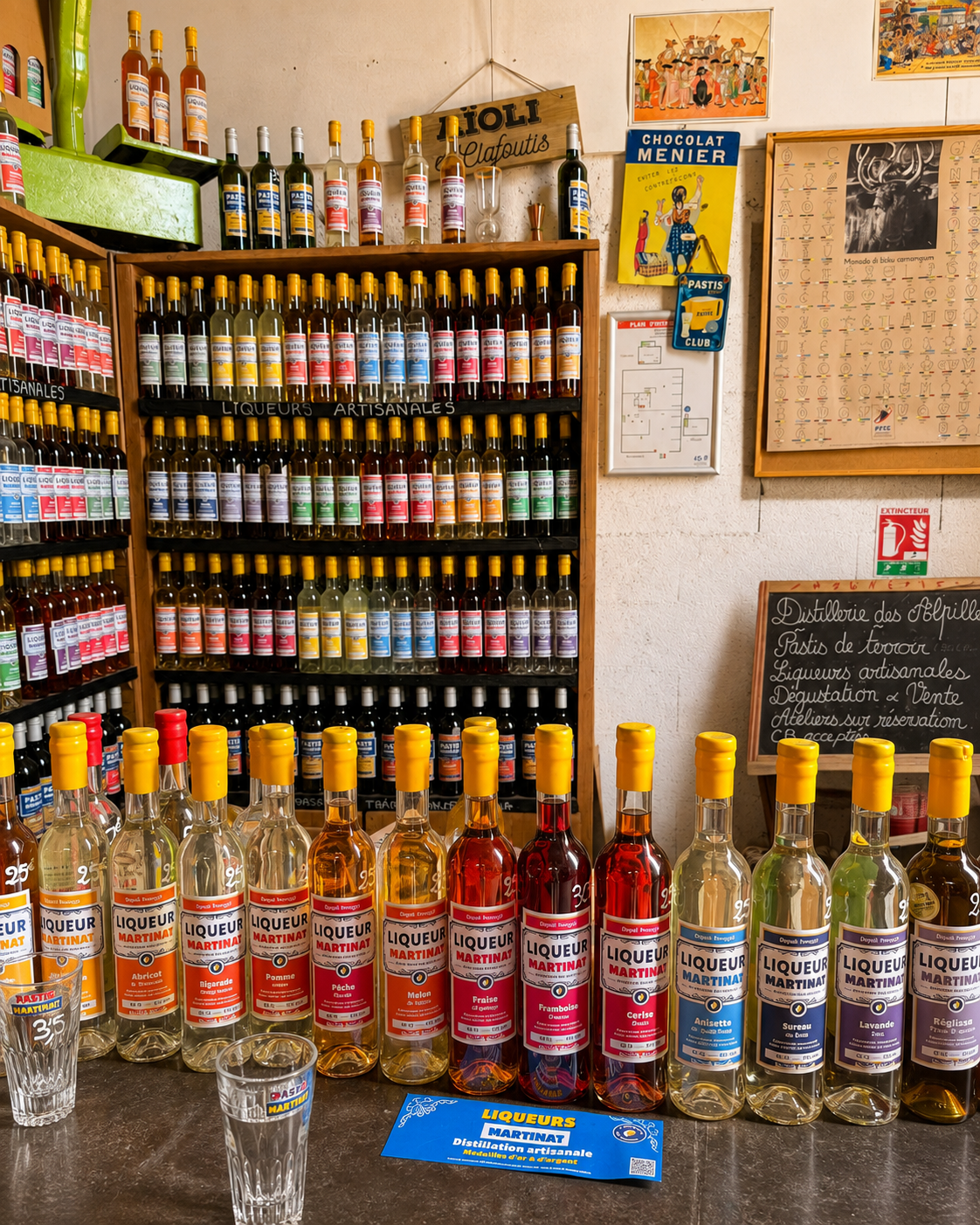 Bouteilles de liqueurs Martinat alignées dans la distillerie