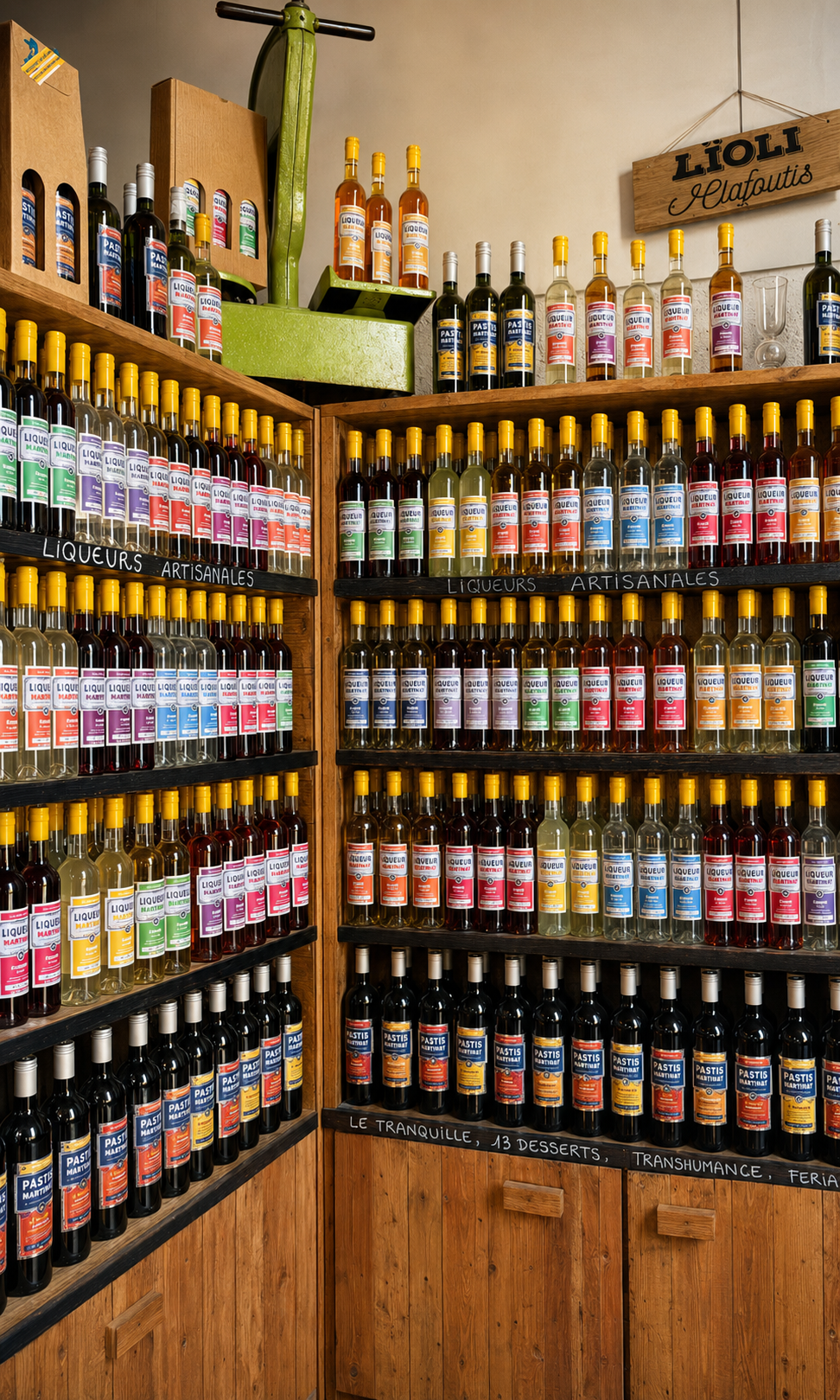 Comptoir de dégustation et bouteilles de spiritueux Martinat