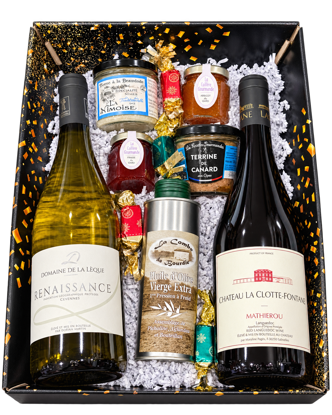 Exemple de coffret Sueño avec vins et produits d'épicerie fine, présenté dans un plateau cadeau noir