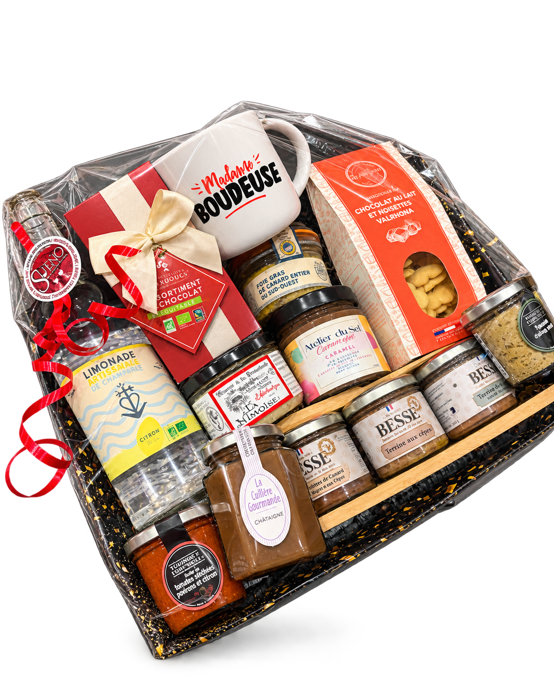 Panier gourmand sucré et salé Sueño personnalisé avec gourmandises et boissons artisanales