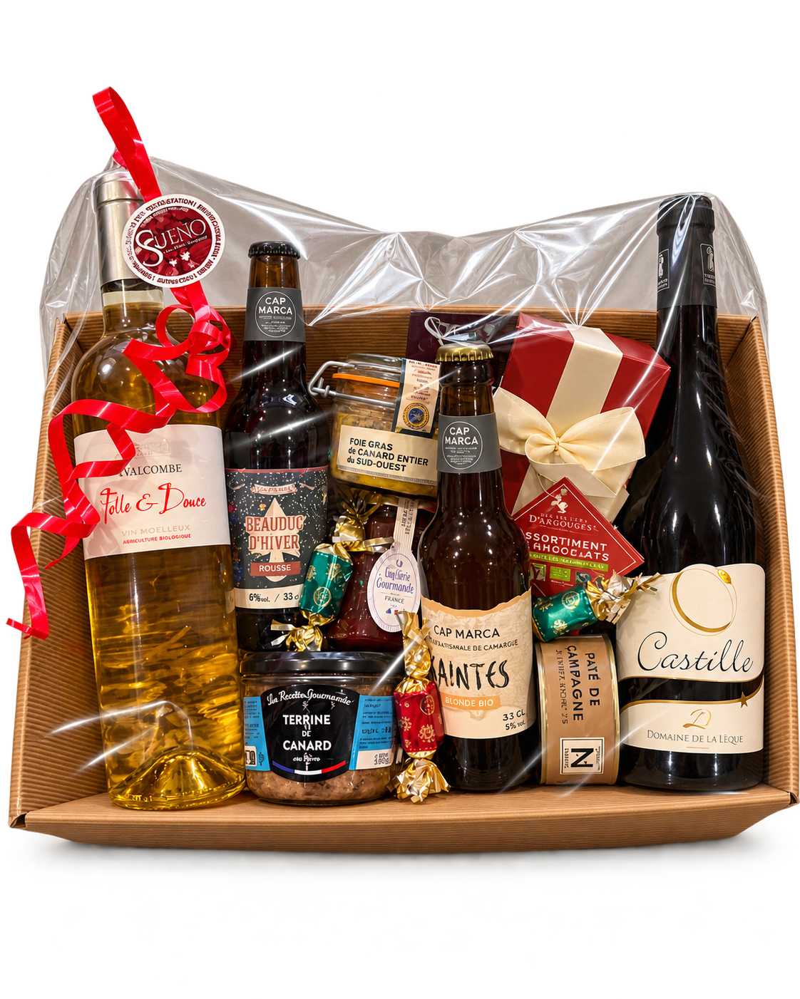 Panier garni Sueño avec bouteilles et épicerie fine, coffret cadeau personnalisé à Quissac dans le Gard