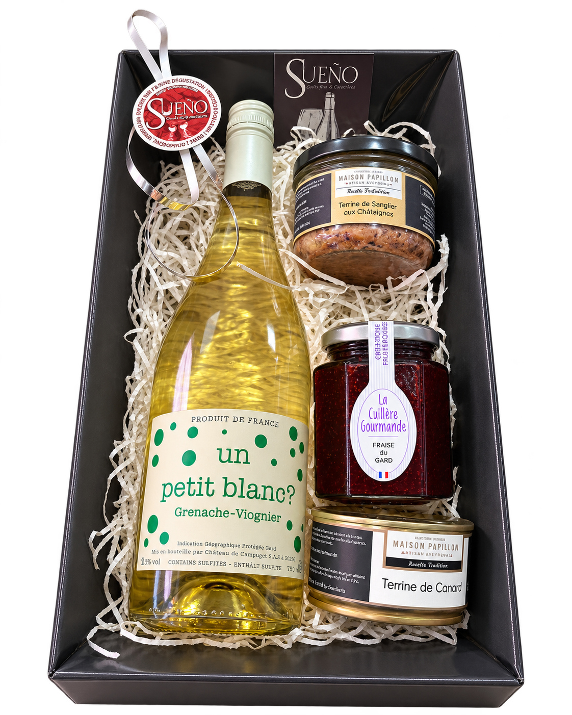 Exemple de panier gourmand personnalisé Sueño, sélection de vins et produits de terroir