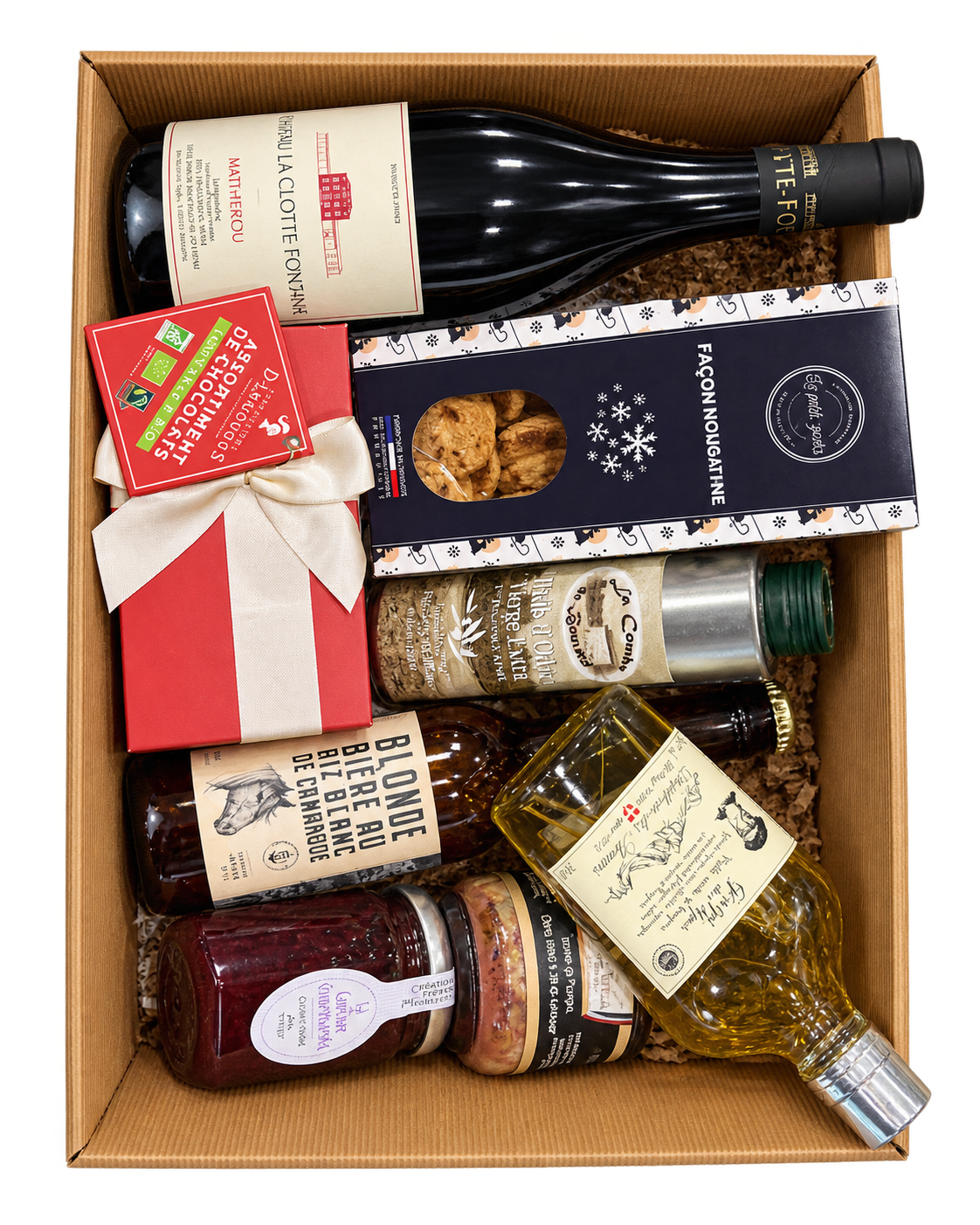 Coffret gourmand composé d'un vin, de biscuits, de douceurs et de spécialités artisanales