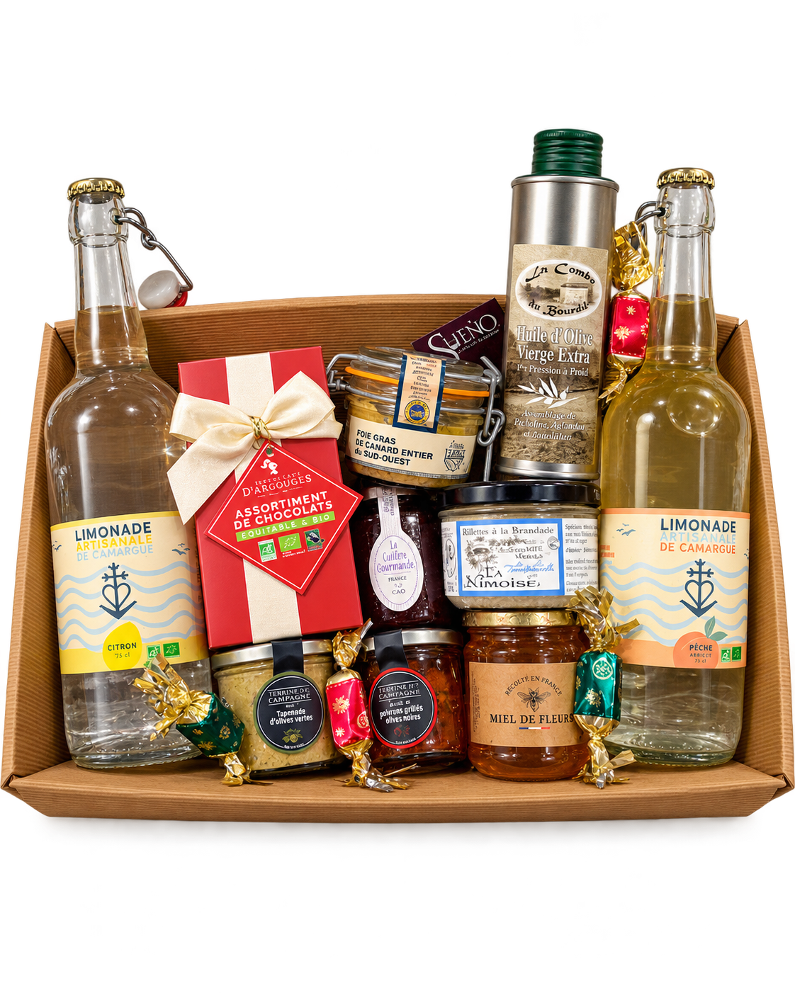 Exemple de panier cadeau gourmand Sueño sans vin, composé de boissons artisanales et de produits d'épicerie fine