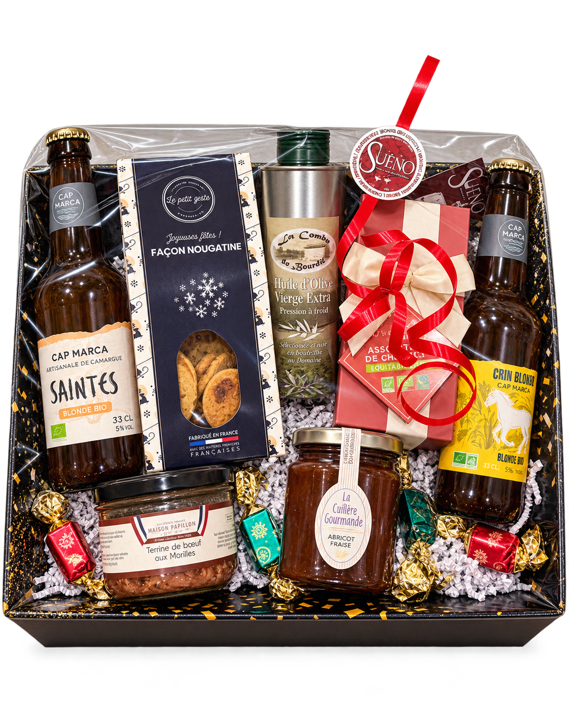 Exemple de panier garni Sueño avec bières artisanales, huile d'olive et épicerie fine